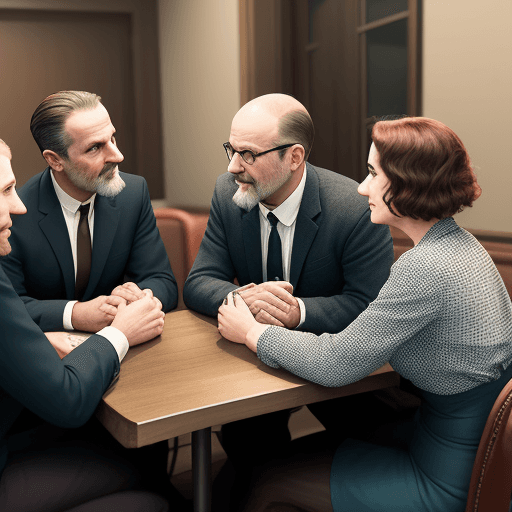 AI generated: Meeting of 3 persons 1 woman in 30s, 1 man i 40s and a middle aged man sitting across a table lookin...