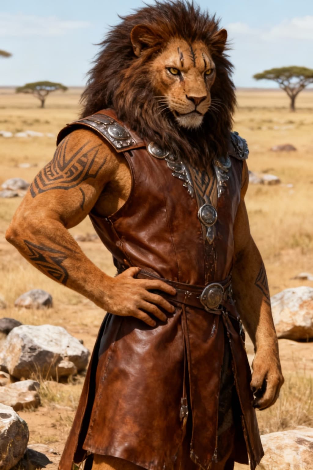AI generated: Blend species of feline to create a new anthropomorphic species from this original with no tail. Alt...