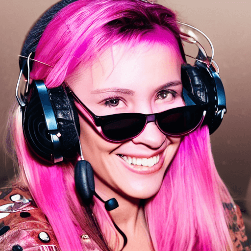 AI generated: beautiful (smiling:1) woman DJ with (pink hair:1.1) wearing (headphones:1.1) and sunglasses and a le...