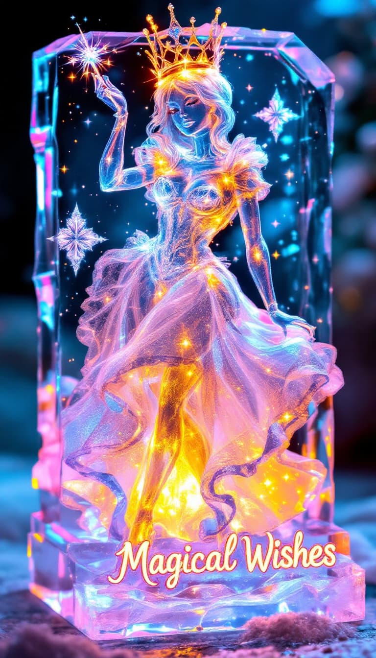 AI generated: Design a card featuring an ice sculpture of a Fairy Godmother, her transparent figure sparkling gent...