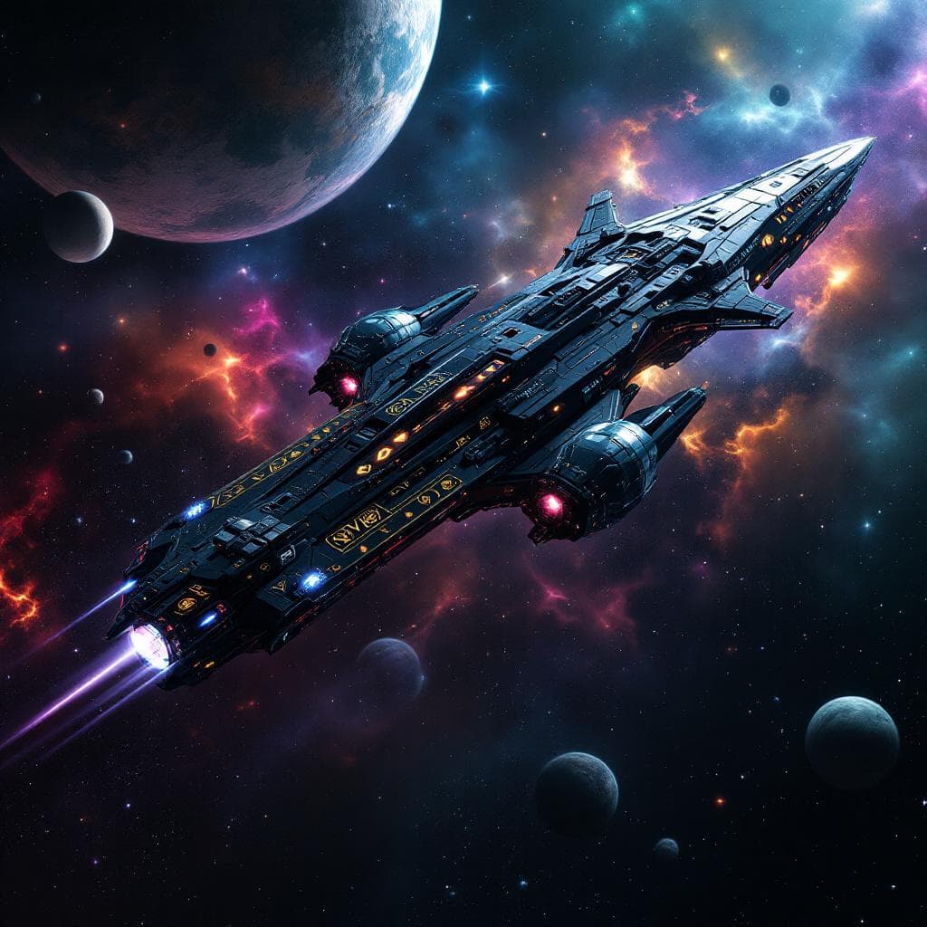 AI generated: Imagine, in detail, an alien spaceship to show a new design. An alien Midship. Show it in deep space...