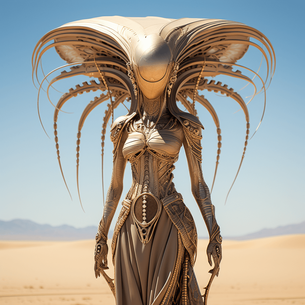 AI generated: alien creature in desert art hd, in the style of futuristic glamour, dark beige and gold, low depth ...