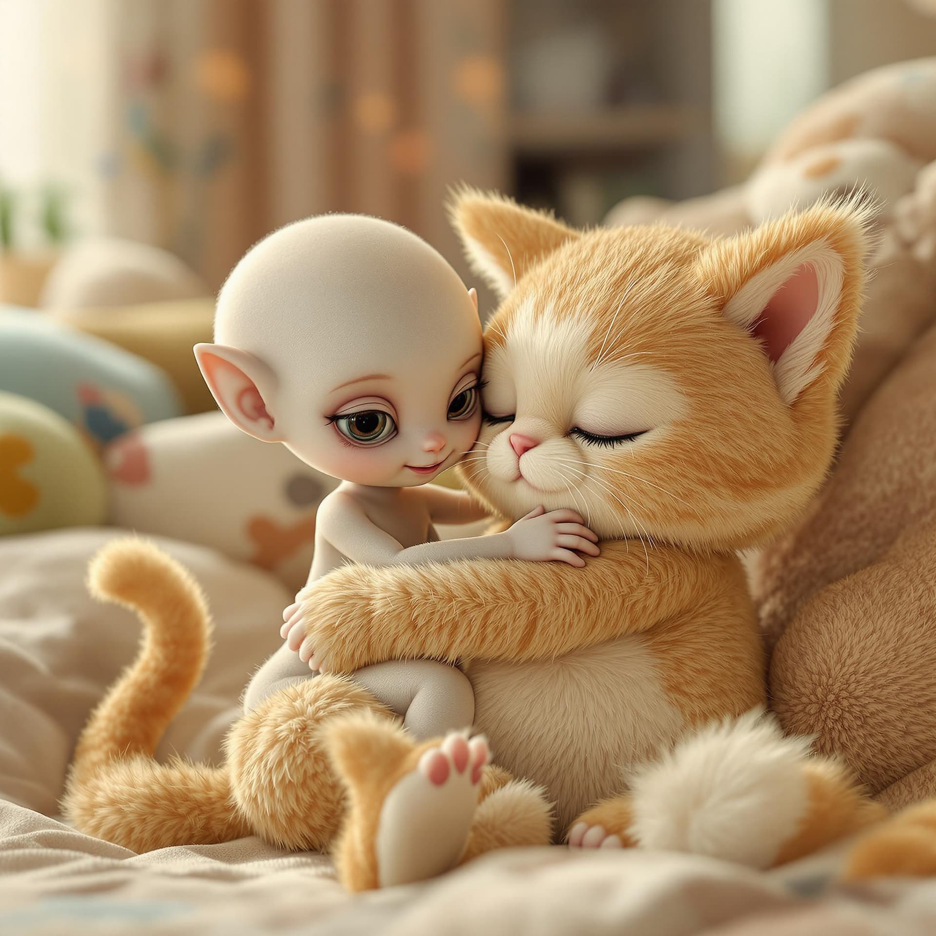 AI generated: a beautiful and cute alien  babie , hugging and playing with a cat plush animal,the plush animal is ...