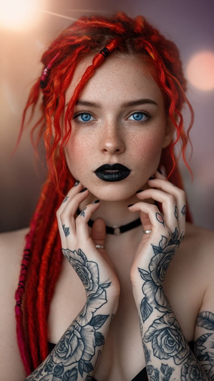 AI generated: Ultra-realistic fashion magazine portrait of a beautiful young woman with vibrant bright red dreadlo...