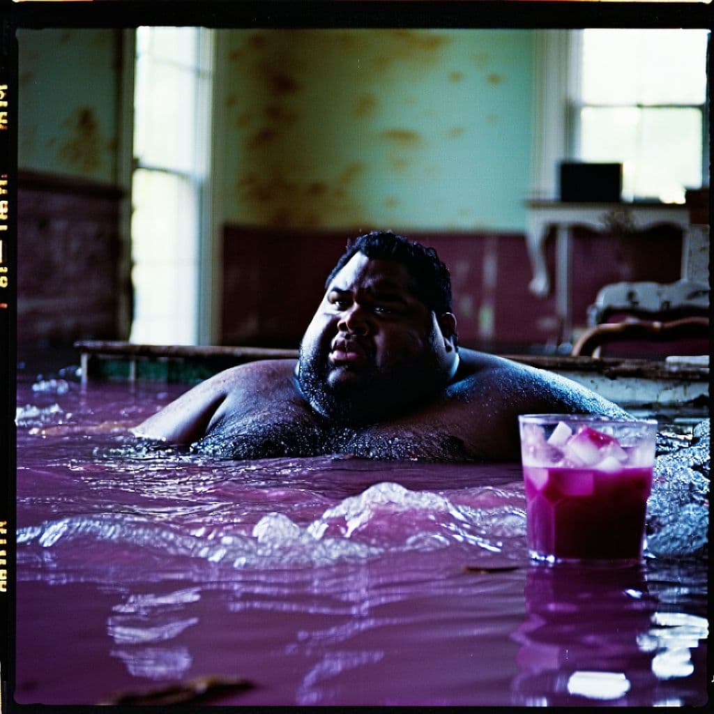 AI generated: grainy 80's photograph quality polaroid of big fat round black man drowning in purple drink caught i...