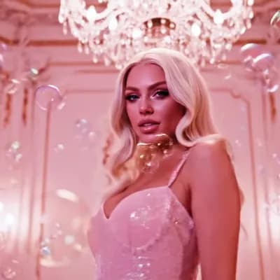 AI generated video: Pop realism style video, blonde woman, luxorios surranding, dreamy pink surranding, bubbles and myst...