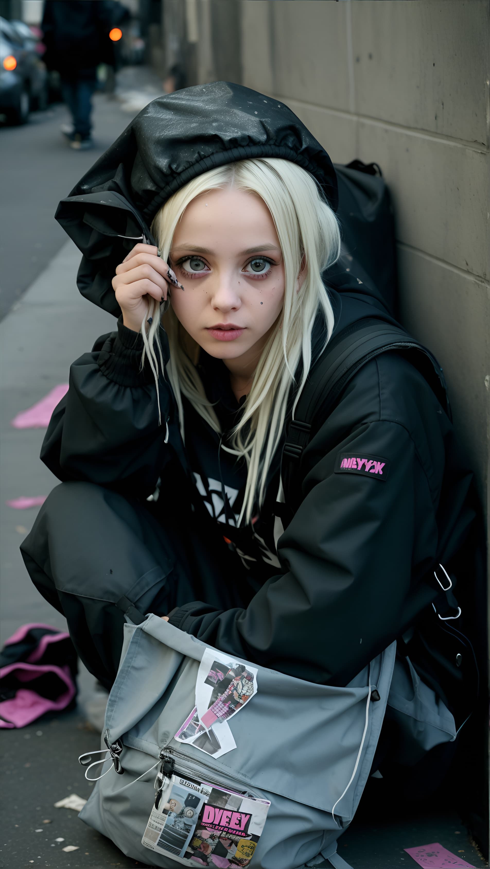 AI generated: A homeless girl with her backpack on the streets of New York city. hopeless and heartbroken, RAW pho...