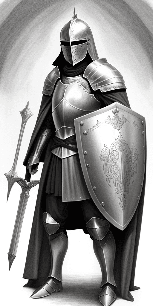 AI generated: pencil drawing of a knight with shield and cloak, in the style of fantasy adventure, majestic colori...