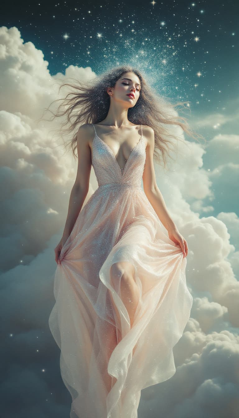AI generated: 9. An ethereal, full-body portrait of a woman, floating amidst a surreal, cloud-filled landscape. Sh...
