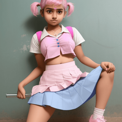 AI generated: An Indian  teen school girl  in school dress with skirt and lifting up her skirt showing her pink un...
