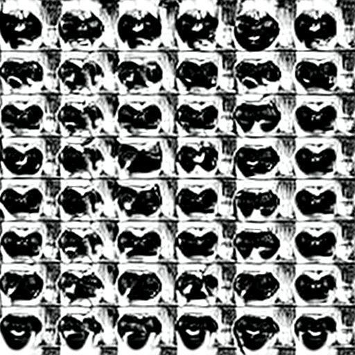 AI generated: black and white. distorted, many faces staring at you, they upside down and under some angle, number...