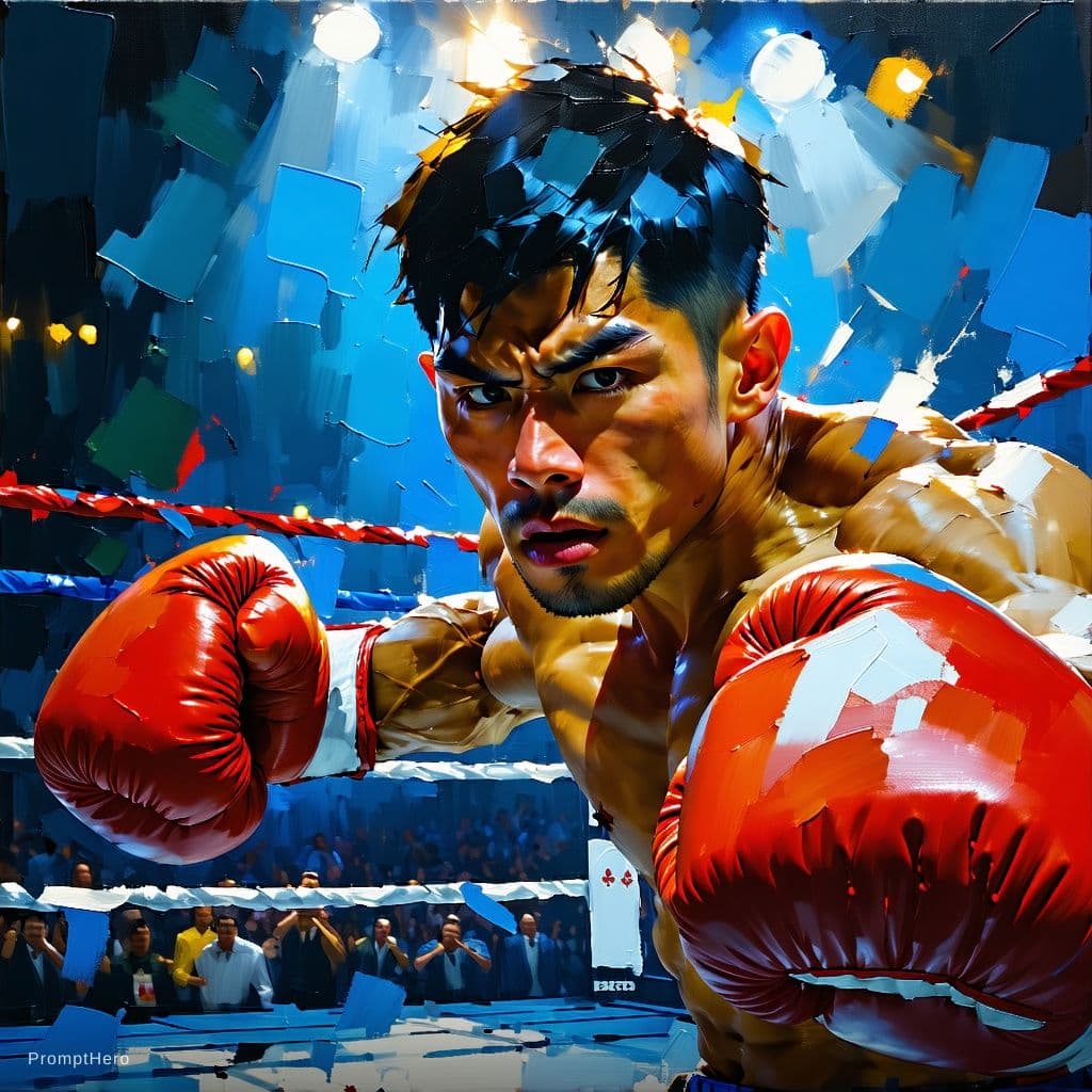 AI generated: centered, masterpiece, a painting of a man in a boxing ring, trending on Artstation, jazza and rossd...