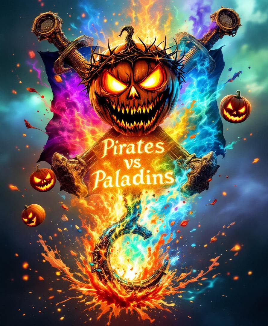 AI generated: Heraldic Steampunk Pirate Flag, featuring a glowing pumpkin crown of thorns, above a luminous fiery ...