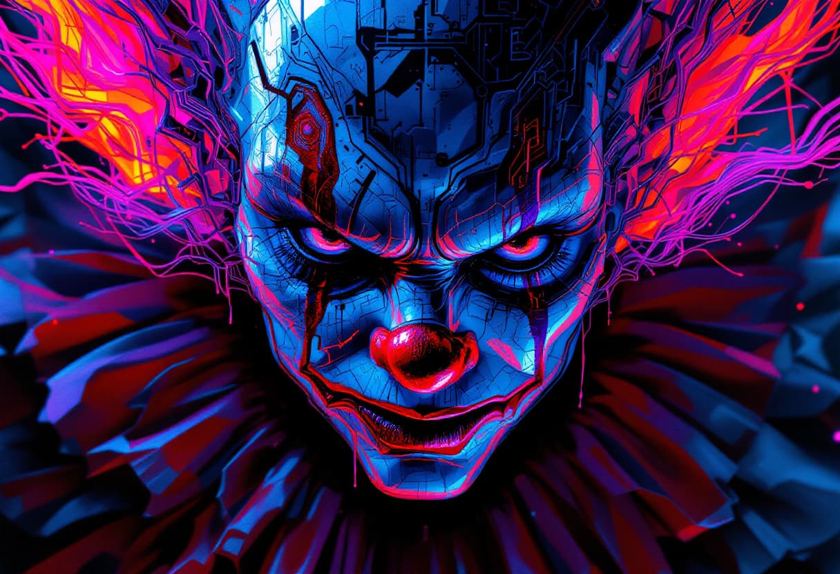 AI generated: Create a beautiful clown, mesmerizing, sinister emotion, realistic sad eyes, Zdzislaw Beksinski Step...