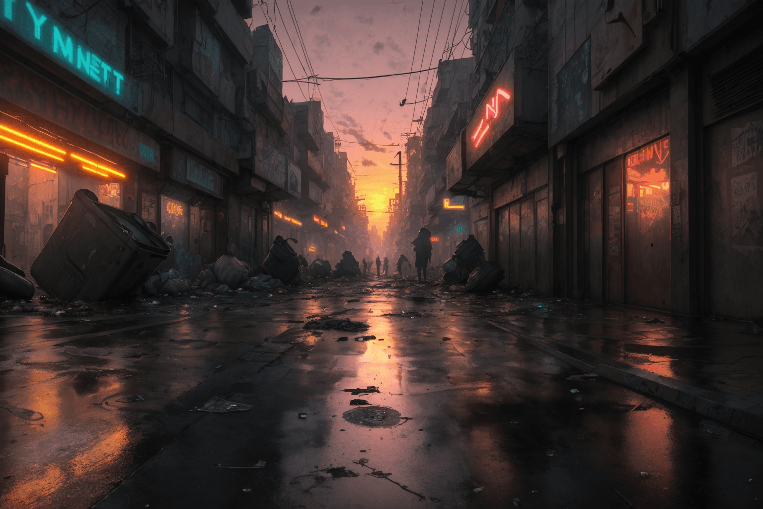 AI generated: wide angle view, dystopian city street at sunset, wet, litter, garbage, foul air, neon lights
