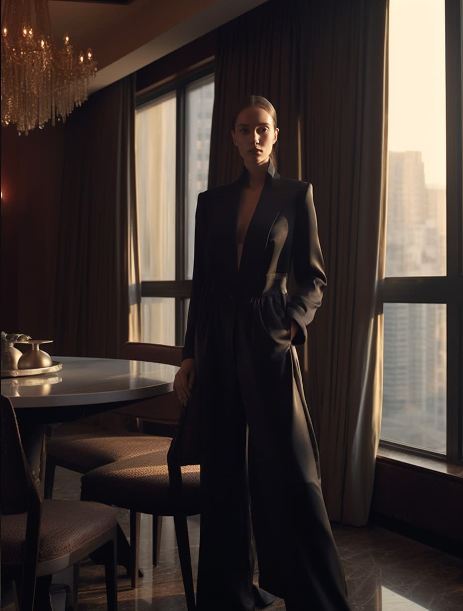 AI generated: a woman standing in a room next to a table, vman magazine, wearing dramatic aristocrat robe, long - ...