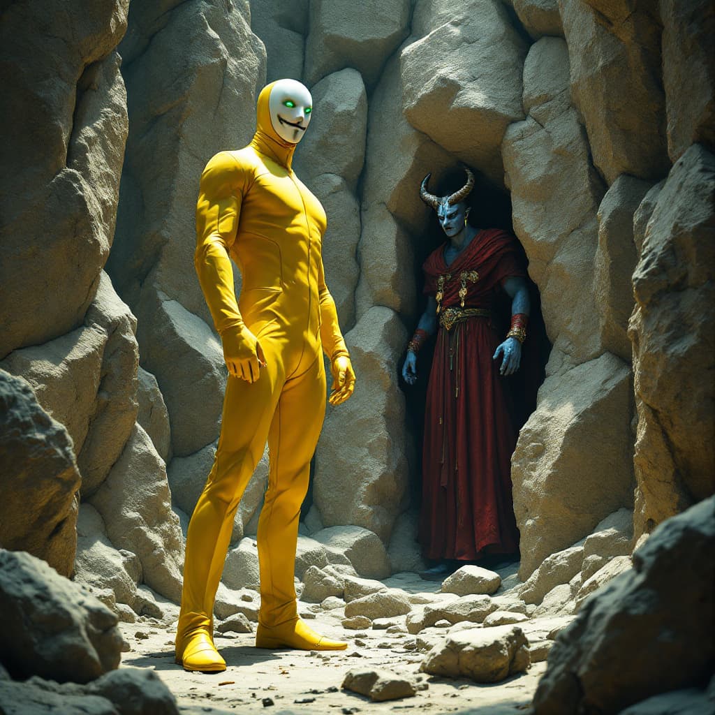AI generated: A tall and slender hero wearing a bright yellow suit and a white mask resembling the one from 'V for...