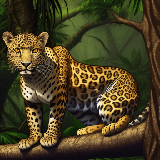 AI generated: A leopard on a tree in tropical rainforest.