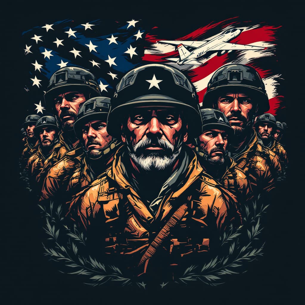 AI generated: The armed forces depicted in this flag design, including soldiers and bombers against the backdrop o...