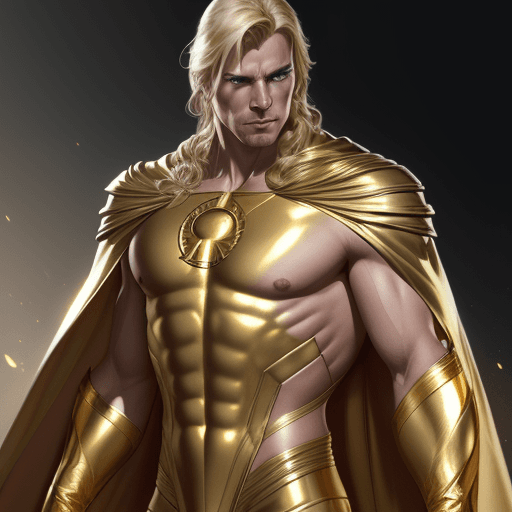 AI generated: male super hero named champion blond hair, no symbol, skin tight gold suit, golden cape, gold gloves...