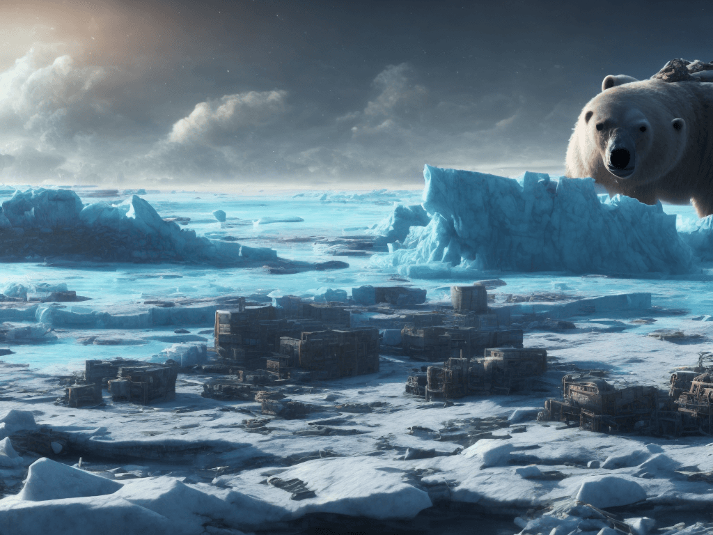 AI generated: post-apocalyptic landscape,cyberpunk, of a polar bear, in a floating iceberg, before the pollution o...