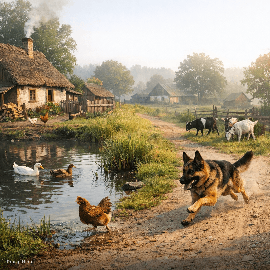 AI generated: a normal morning in a village, small village house, chicken coop, chicken and duck in the pond, ther...