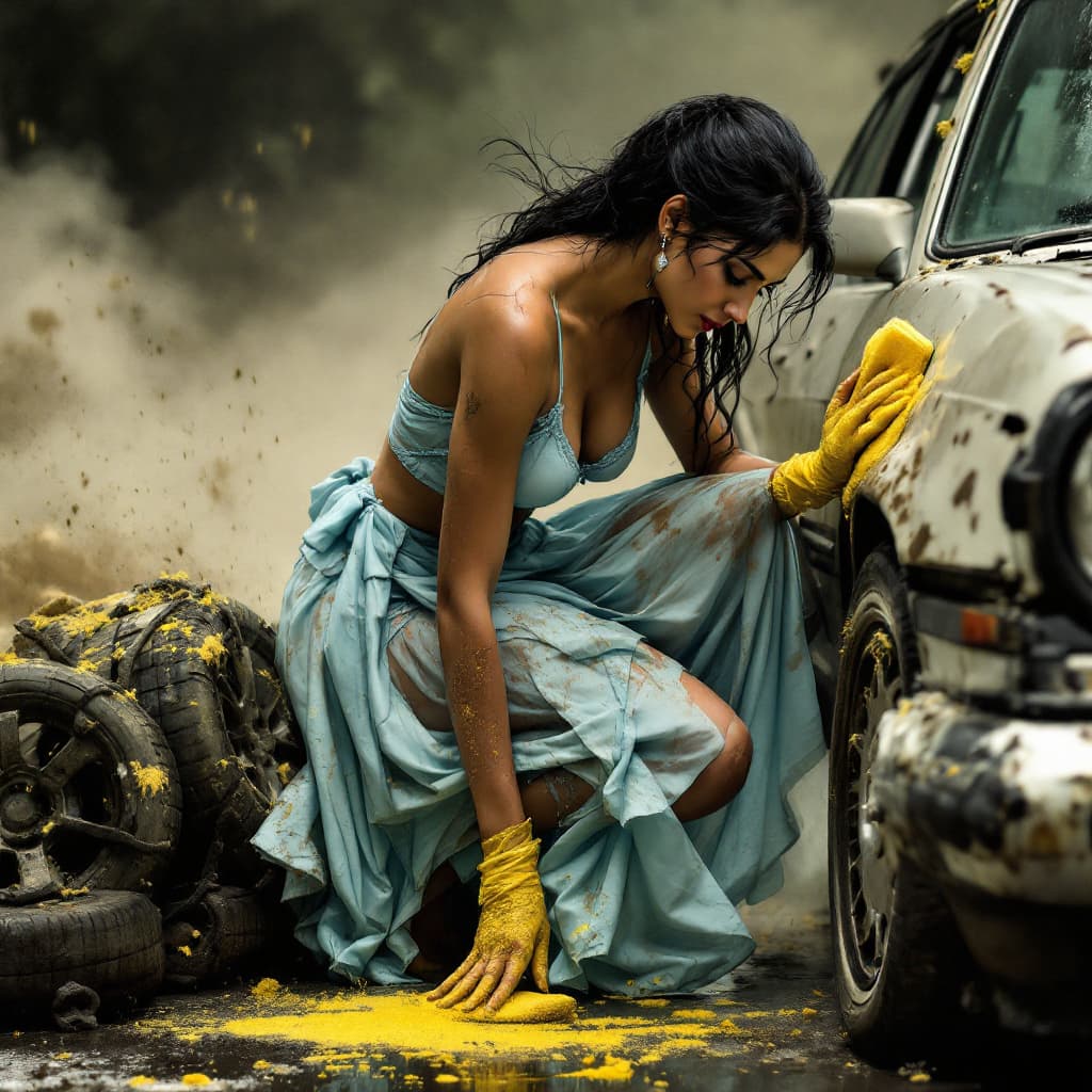 AI generated: The indian woman, wearing a wet, dirt-smudged summer dress, bends gracefully to clean the car's whee...