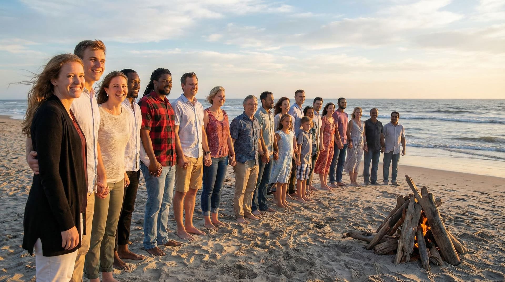 AI generated: unite these ppl on a beach, masterpiece, best quality, extremely detailed, professional lighting