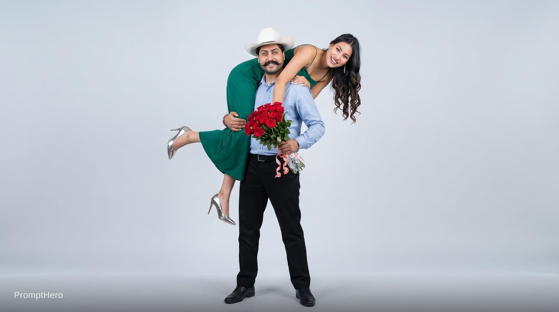 AI generated: Ultra realistic studio couple portrait, romantic fashion editorial photoshoot, minimalist studio bac...