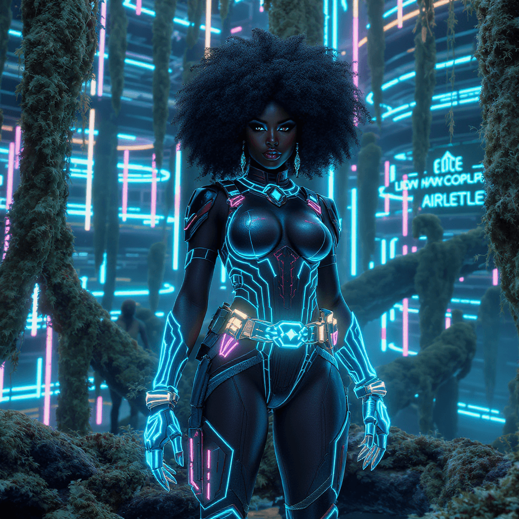 AI generated: vibranium utility belt, moss pathways”: “Elite Afrofuturist warrior queen in a vibranium utility jum...