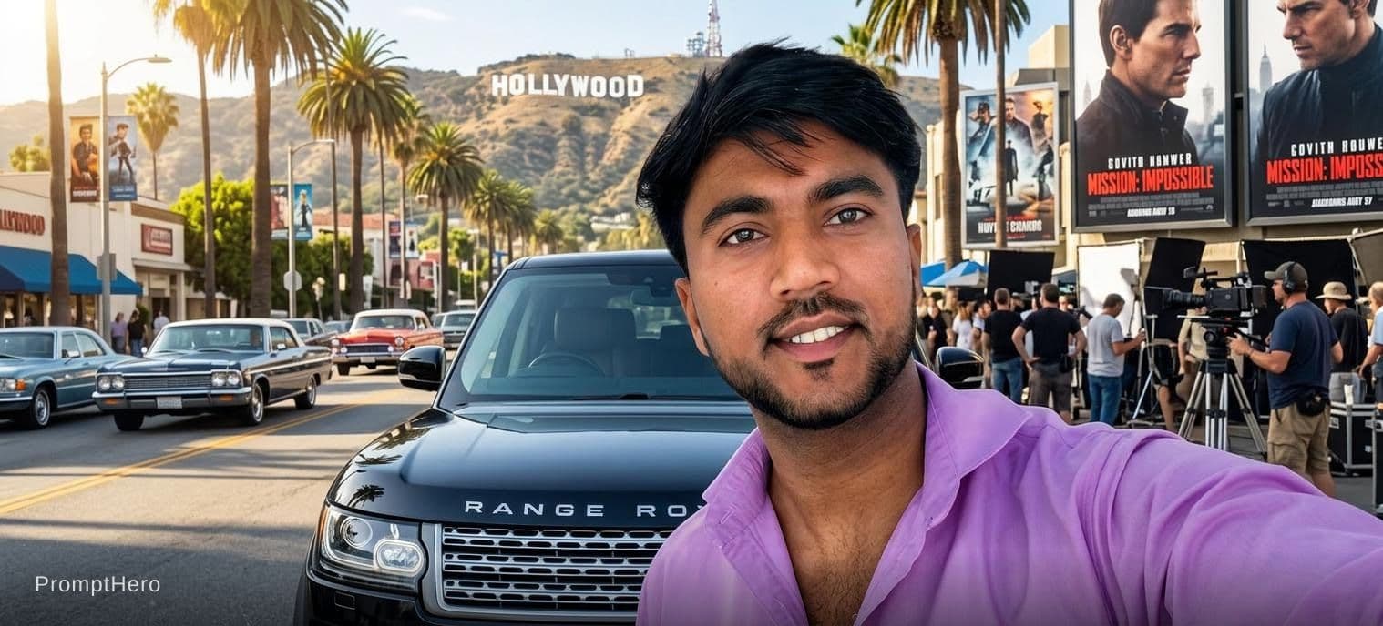 AI generated: Change background 
Add :- range rover car with Hollywood scene