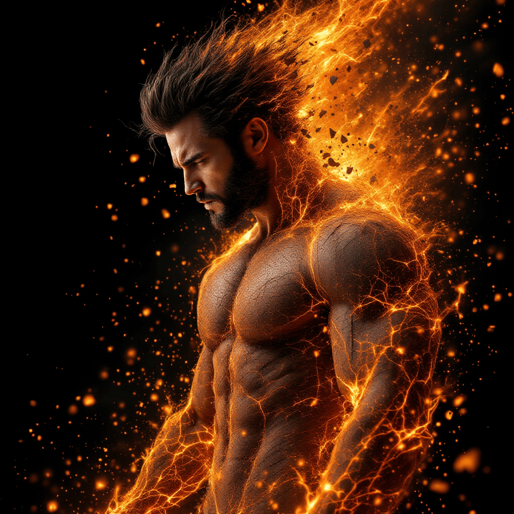 AI generated: Young model man as a god of fire disintegrating form lunging, hyperrealistic cracking like a molten ...