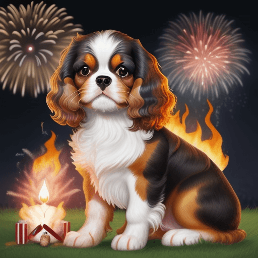 AI generated: Cute cavalier king charles spaniel with Fireworks and a fire brigade