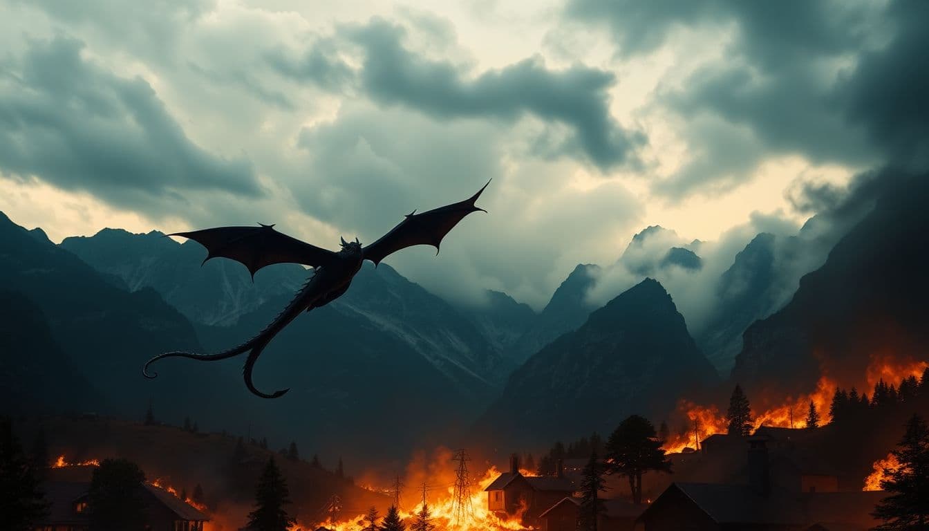 AI generated: a dramatic scene of a dragon flying over a burning village, set against a backdrop of towering mount...