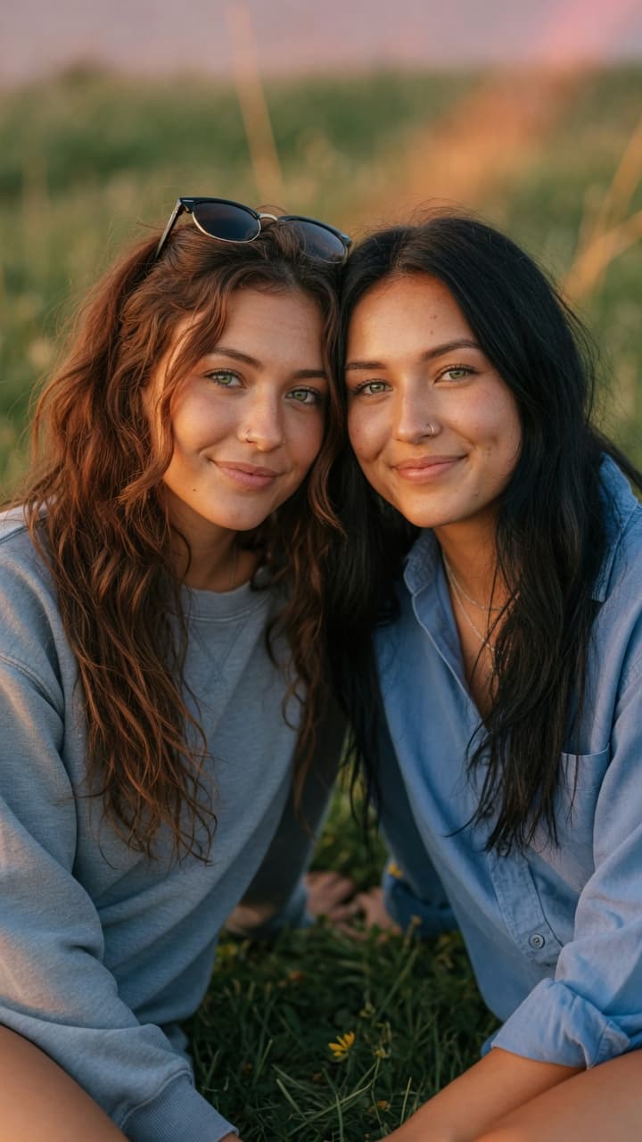AI generated: Ultra-realistic photography of two beautiful young women in their early 20s sitting close together o...