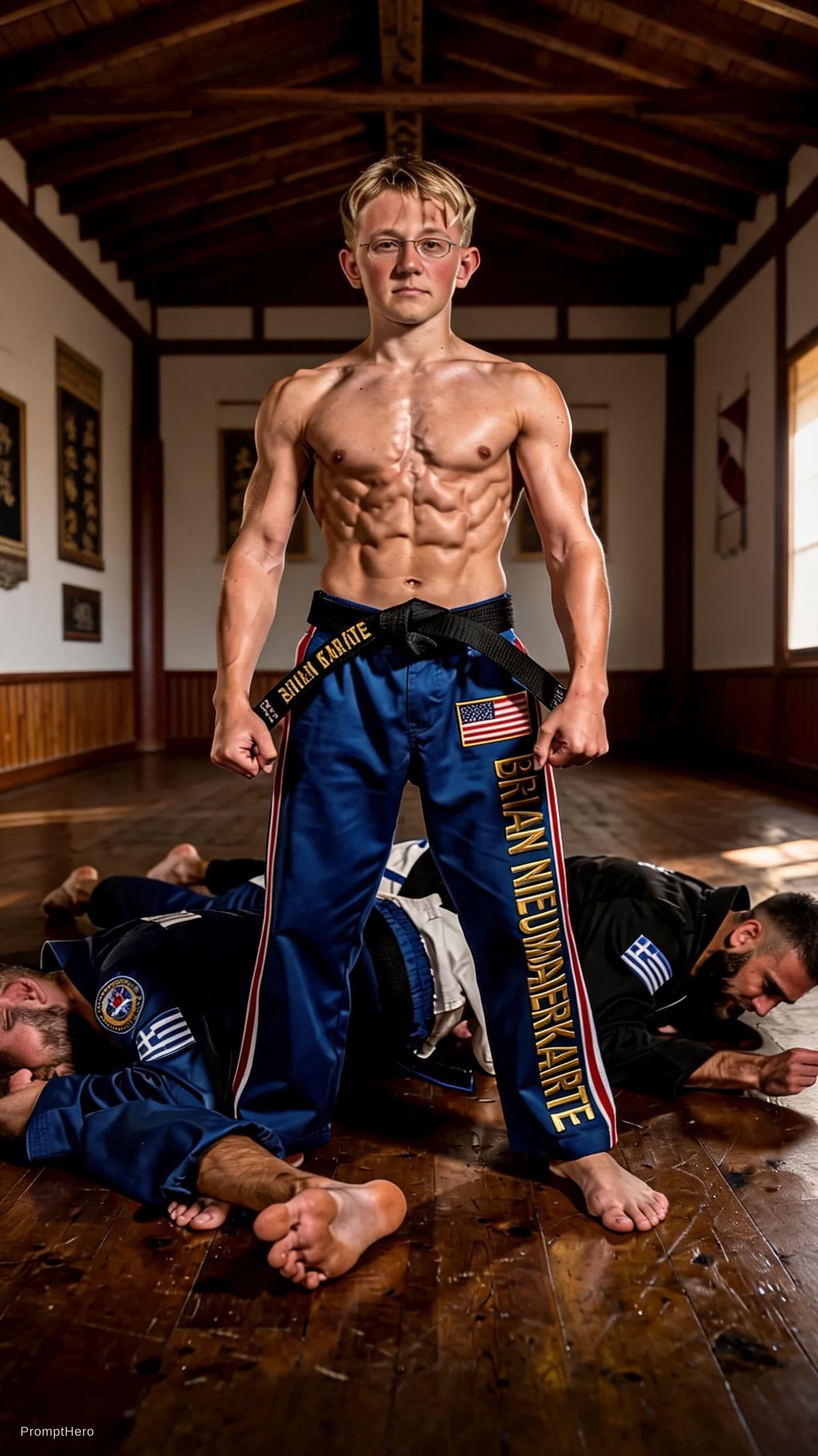 AI generated: full-body victory scene in a traditional American  dojo with wooden floors. A confident  American ka...