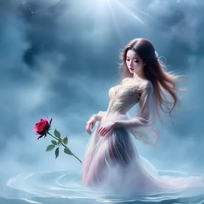 AI generated video: ethereal woman floating gently in misty pale blue and grey space, translucent gown flowing in slow m...