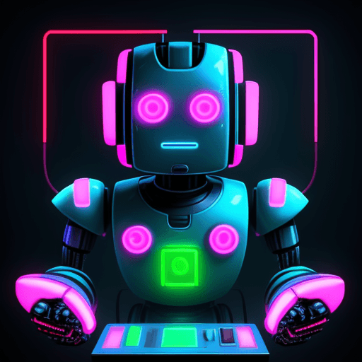 AI generated: A retro-style robot playing a futuristic video game in neon tones with medium resolution.
