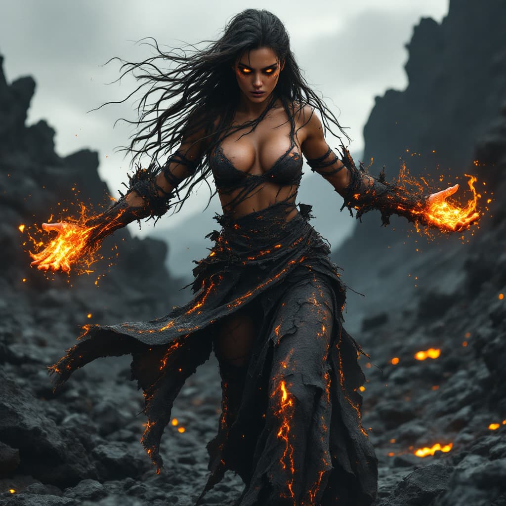 AI generated: In a barren, volcanic landscape, a fierce woman stands amidst jagged black rocks, her presence both ...