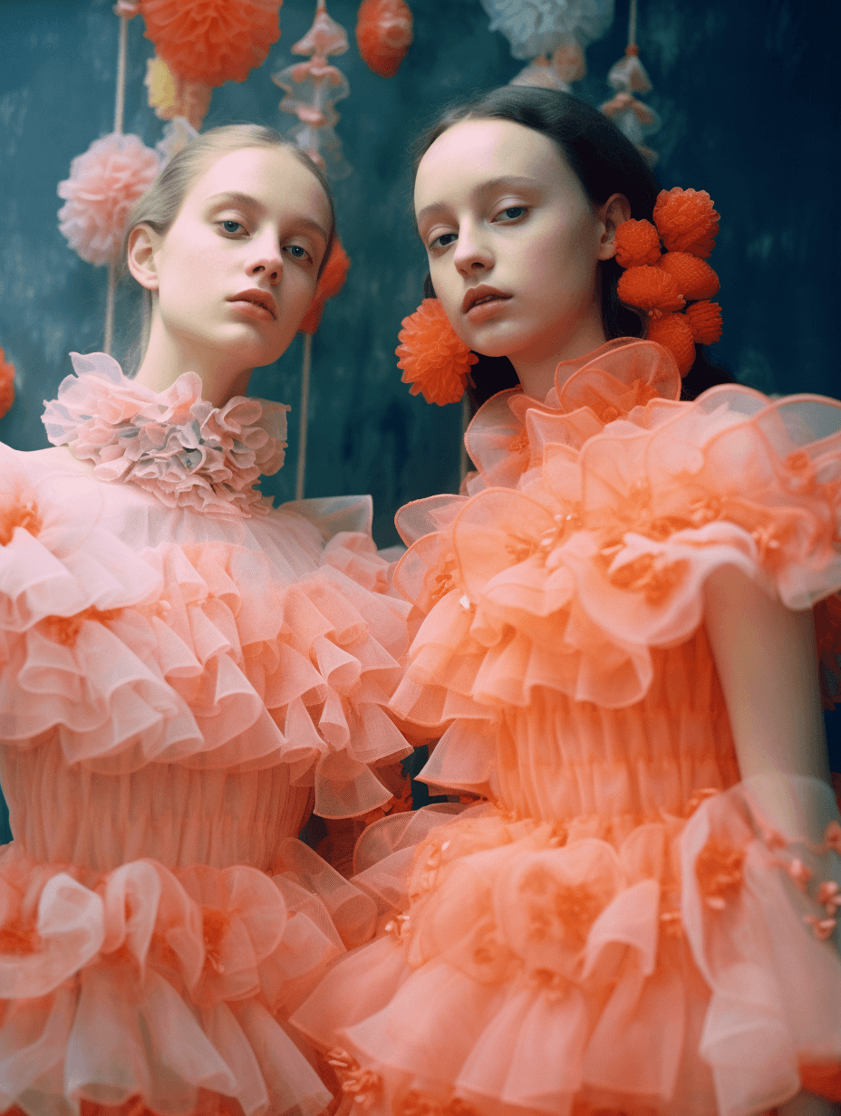 AI generated: disposable photography of fashion models wearing puffy dress inspired by corals, 8k, photo realism, ...