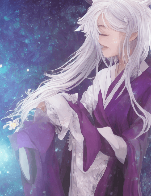 AI generated: a happy beautiful white-haired anime wolf girl wearing purple kimono, wavy hair, anime, beautiful fa...