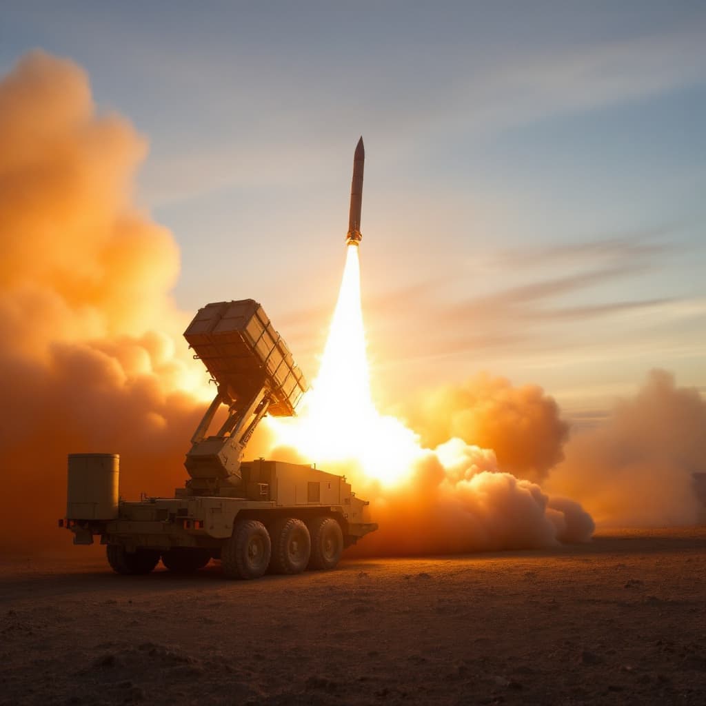 AI generated: The MIM-104F Patriot missile vehicle launches a missile at sunrise.