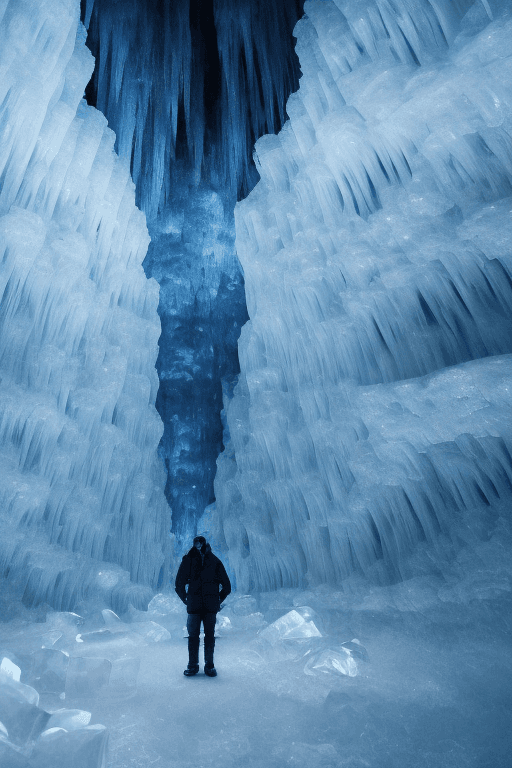 AI generated: An Explorer Inside an enormous Ice Cave, Enormous Frozen Creature encased in the ice ,Enormous froze...