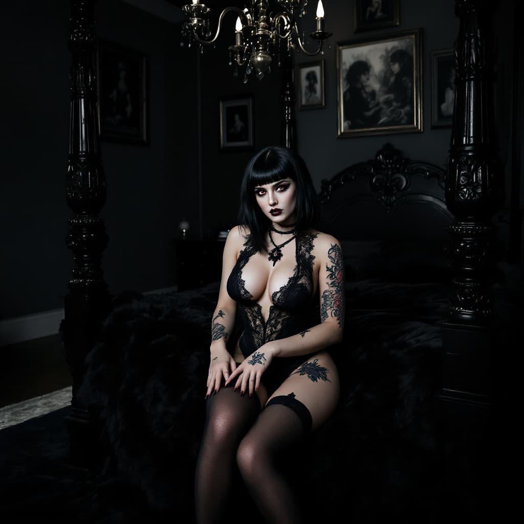 AI generated: A dark, moody portrait in a gothic Victorian style. A thicc young woman with shoulder-length black h...