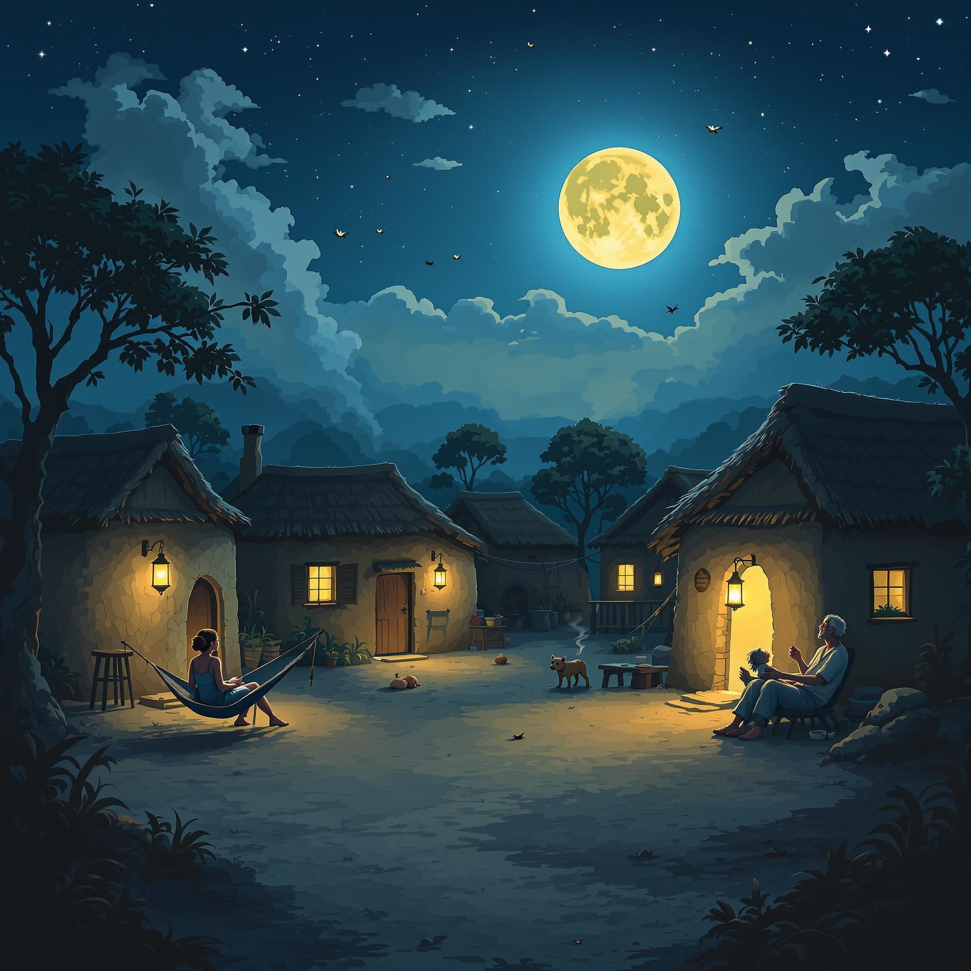 AI generated:  A peaceful village under a moonlit sky, with mud houses glowing from the warm light of lanterns. Sm...
