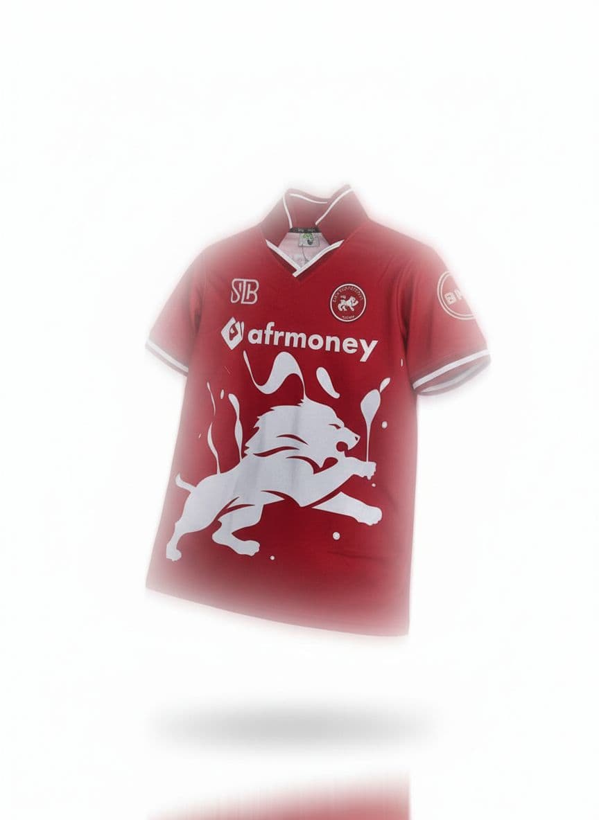 AI generated: A realistic 3D mock-up of a red soccer jersey in a “Leap of Faith” floating pose, appearing suspende...