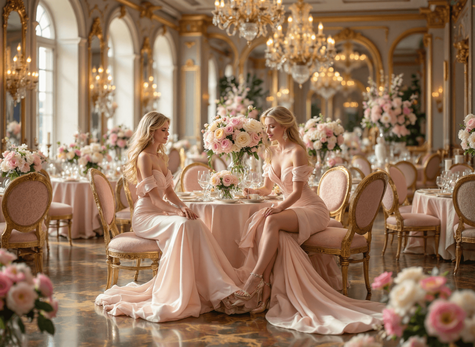AI generated: The image depicts a luxurious and opulent setting, likely a grand ballroom or banquet hall. The room...