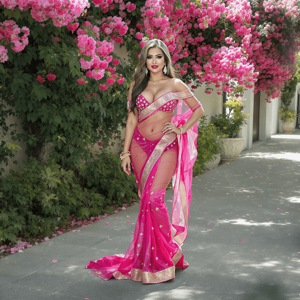 AI generated: busty fair indian in sexy transparent saree with off shoulder blouse and high heels showing navel