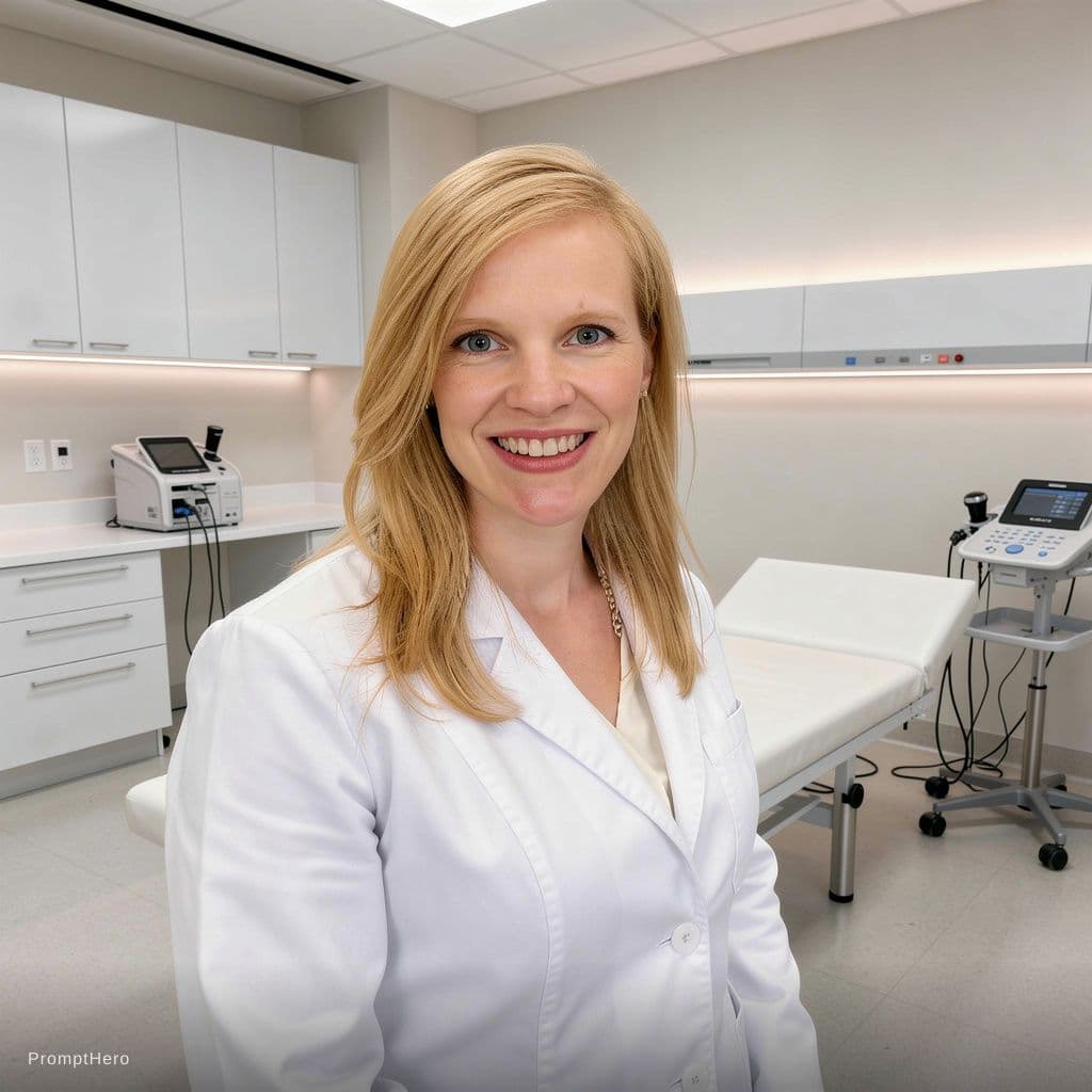 AI generated: a female doctor with long blonde hair, wearing a short, tight white lab coat, unbuttoned to show her...