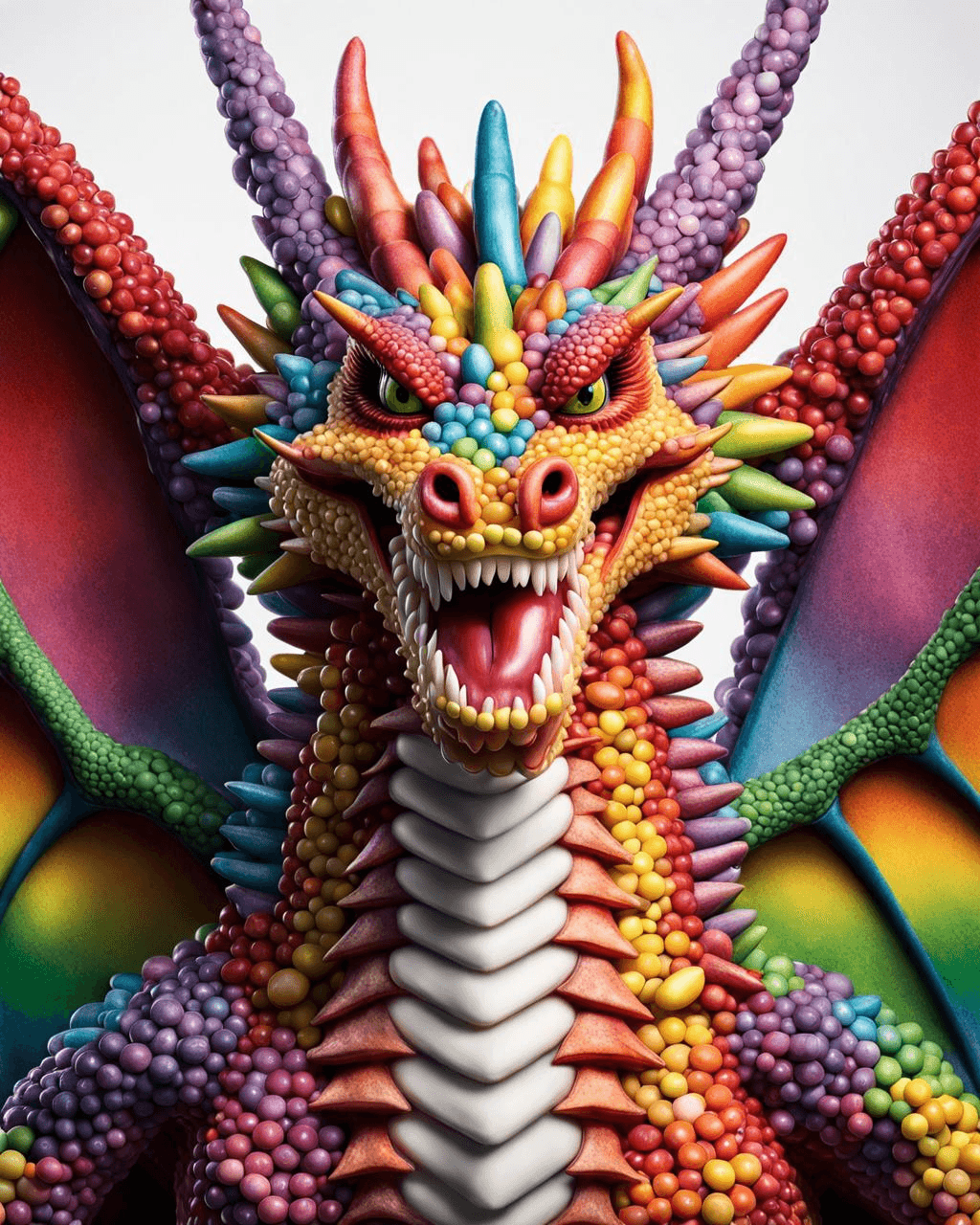 AI generated: raw, masterpiece, perfectly centered, symmetrical, highly detailed dragon made of skittles, smiling,...